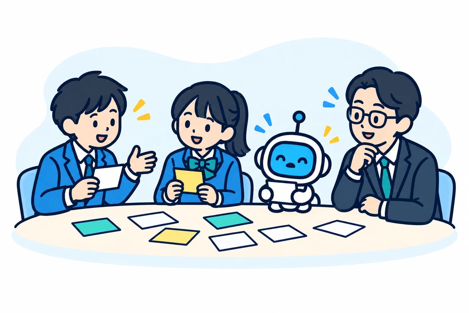 先生と生徒が話し合い、小さなロボットが寄り添うイラスト