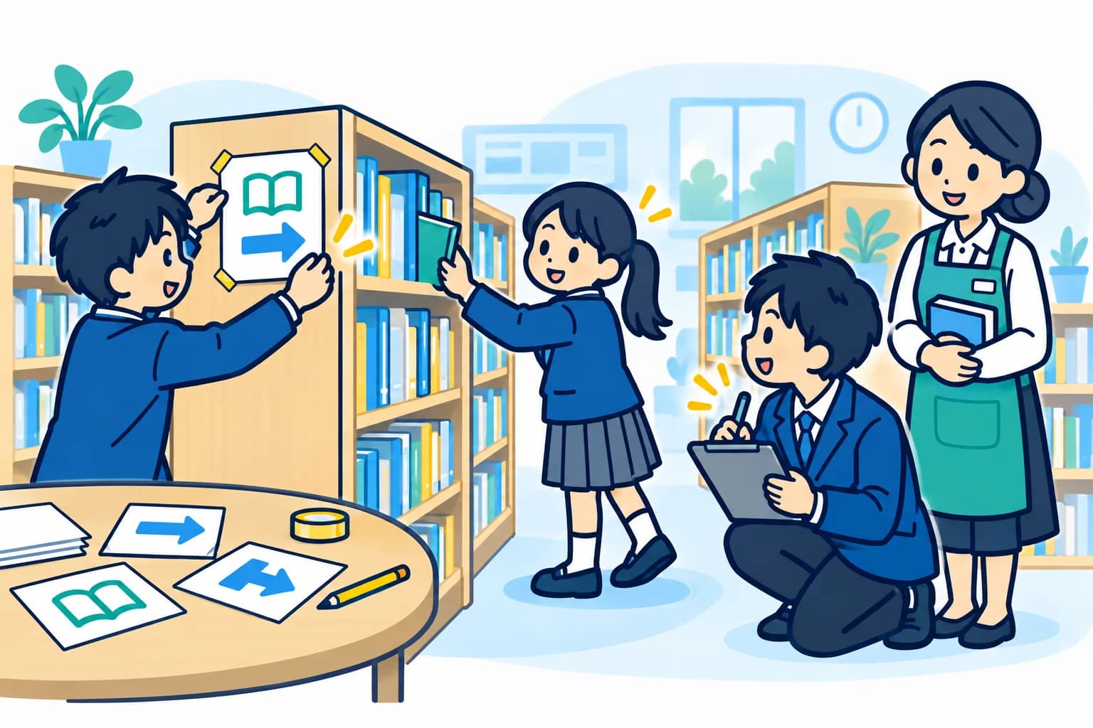 図書室で生徒が紙の棚案内を試作し、友だちが本を探す様子や感想を記録するイラスト