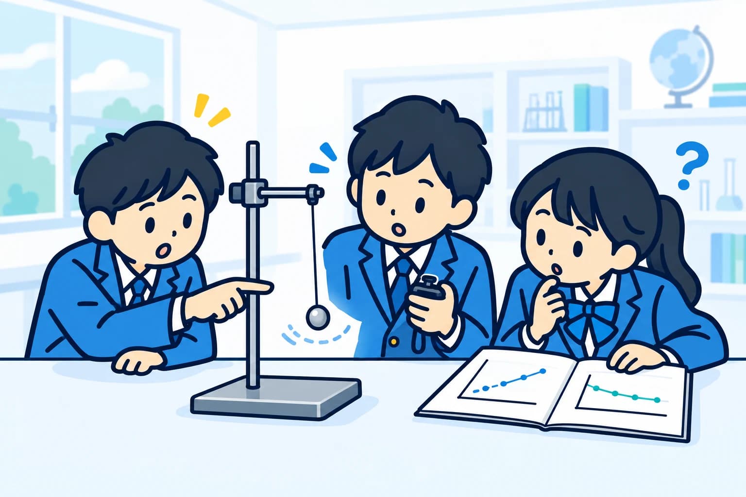 振り子の実験で時間を測り、予想と結果を比べながら話し合う生徒たちのイラスト